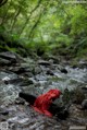 A red cloth is sitting on a rock in a stream.