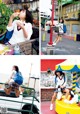 A collage of photos of a girl in a school uniform eating food.